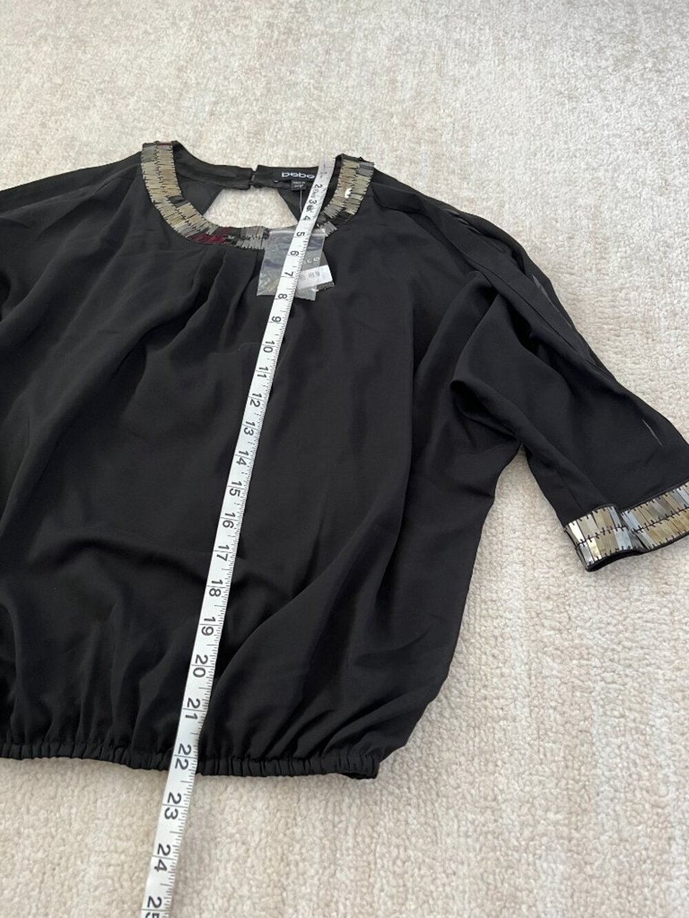 NWT Bebe Sheer Sequin Cold Shoulder Going Out Black Blouse Top XXS Y2K - Picture 5 of 11